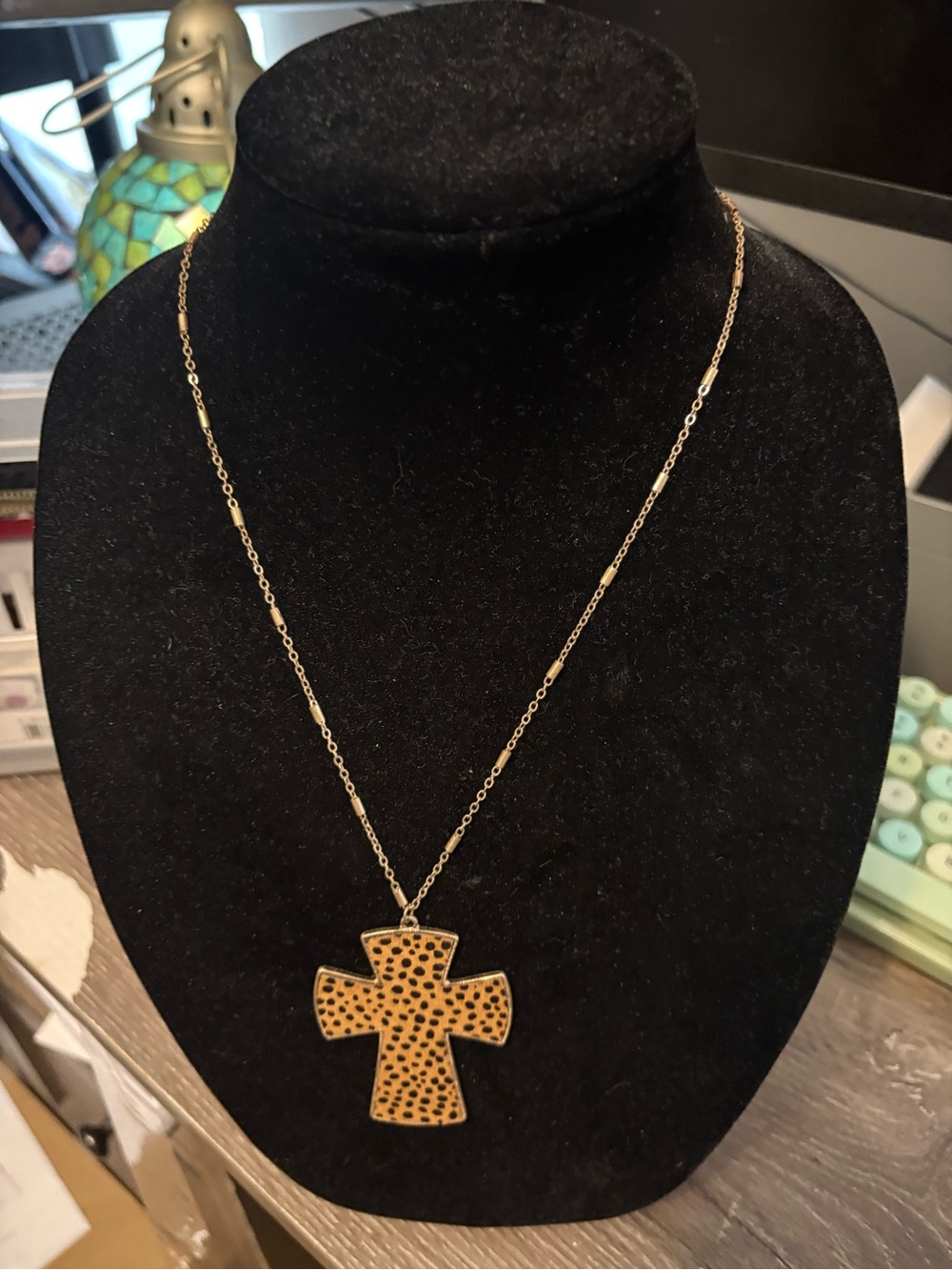 Gold-Tone Cross Pendant Necklace - Leopard Print Accent
